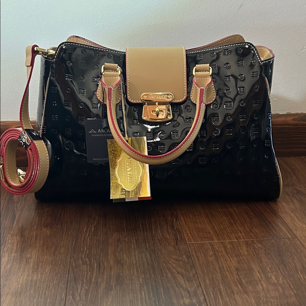 Arcadia Black patent leather and Tan Satchel with Red Accents